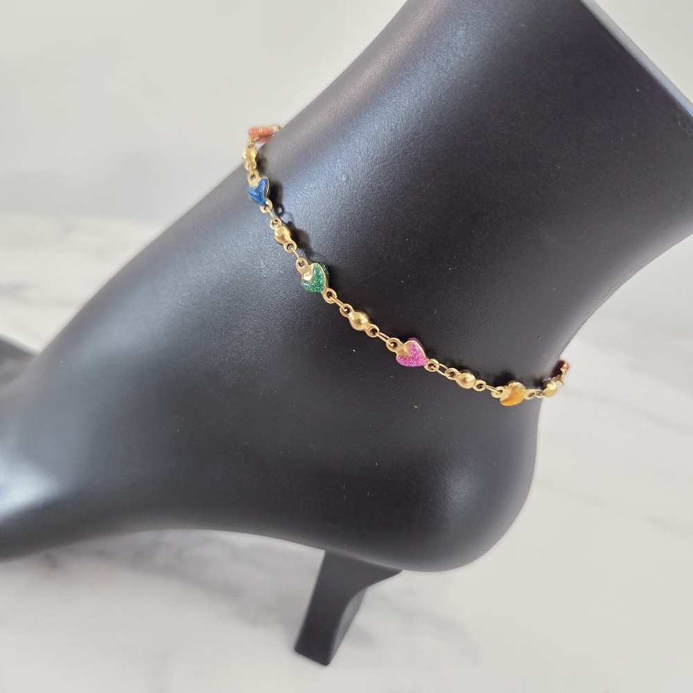 Adjustable 18k Gold Plated Anklet with Colorful Heart Charms - Picture 5 of 12